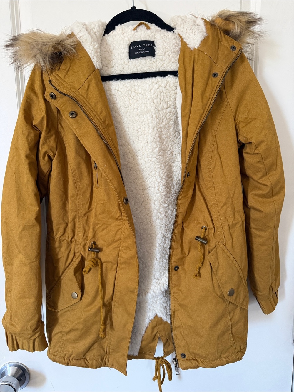 Love Tree Mustard Hooded Faux-Fur Trim Sherpa-Lined Parka